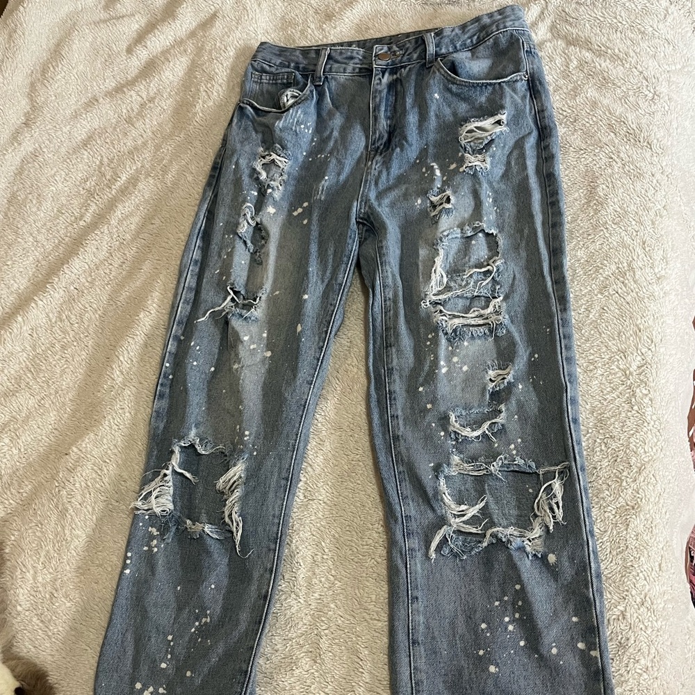 Blue Distressed Paint Splatter Jeans Size L Streetwear Rip & Patch